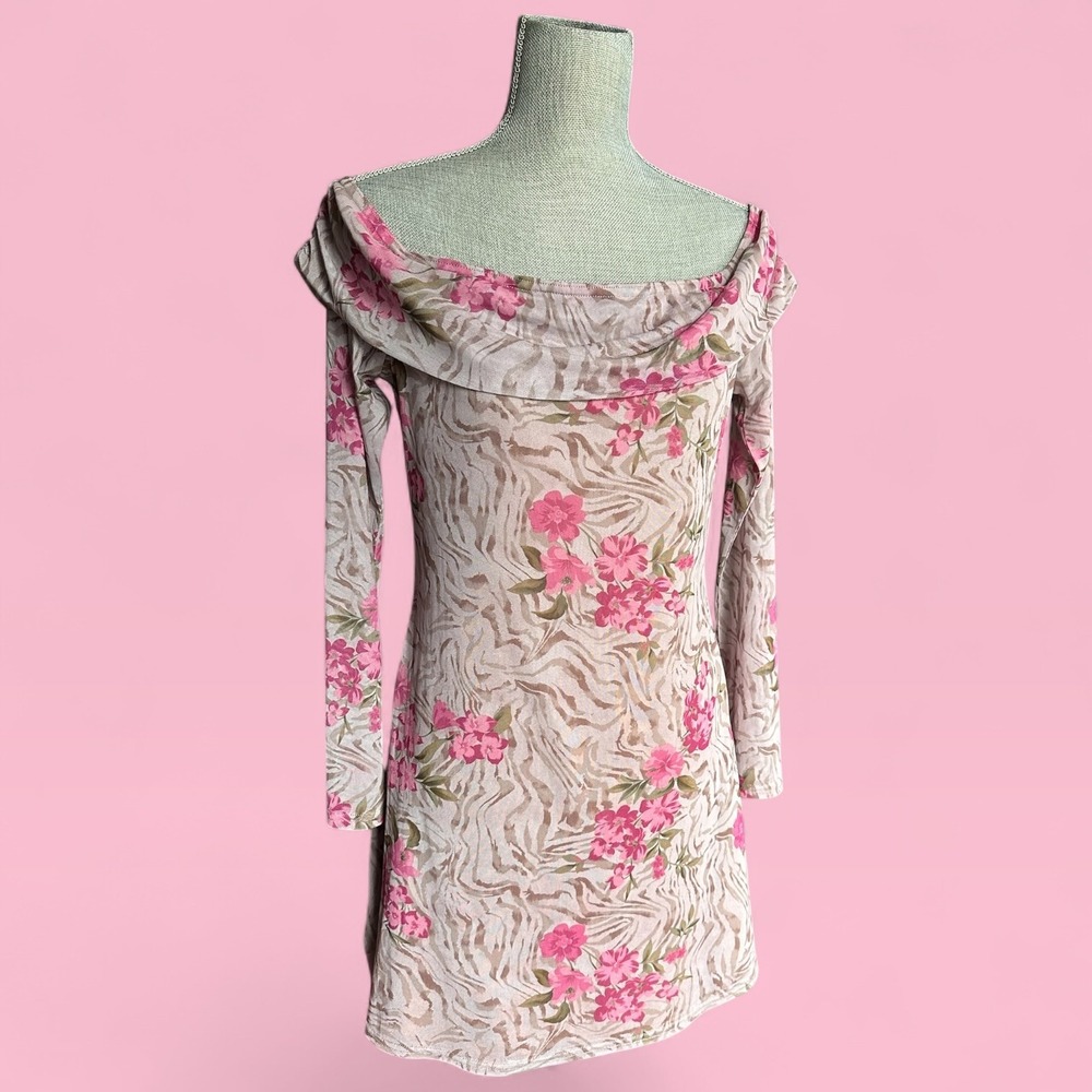 Urban Outfitters Isla Pink Floral Zebra Mesh Off-Shoulder Mini Dress, XL